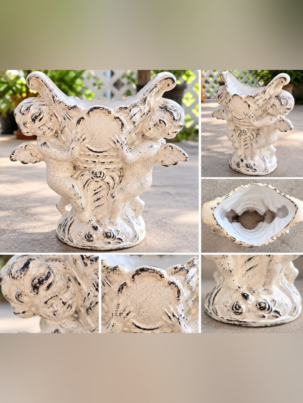 Vintage-Style Cherub Angel Planter Urn – Distressed Crackle White Finish – Ornat